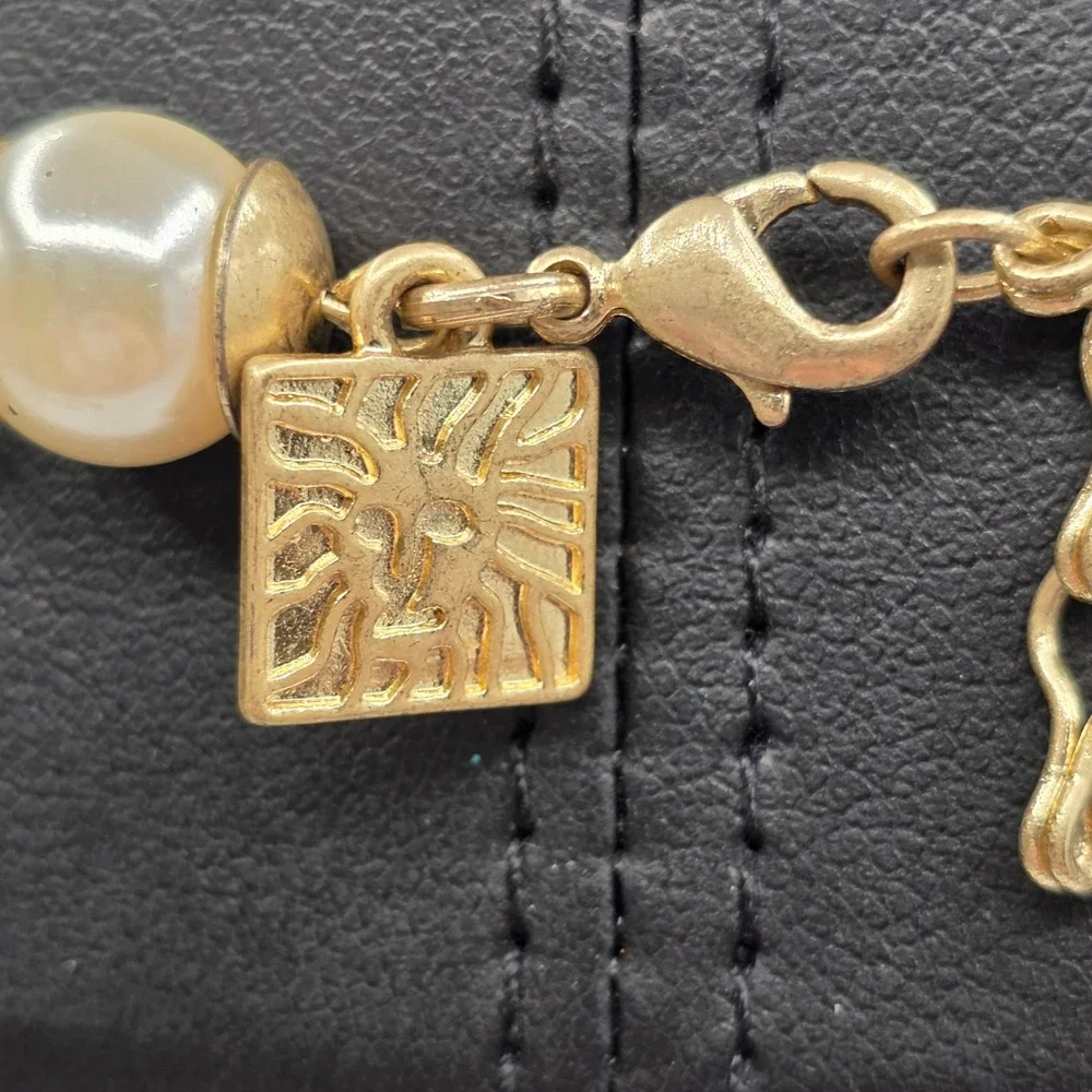 Anne Klein Gold Tone Faux Pearl Bead Cap Link Necklace with Lion Logo Charm